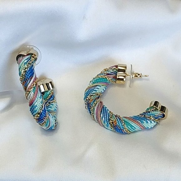 Kendra Scott Earrings Masie Corded Hoop Gold Pastel Mix Blue Summer Spring - Picture 3 of 8